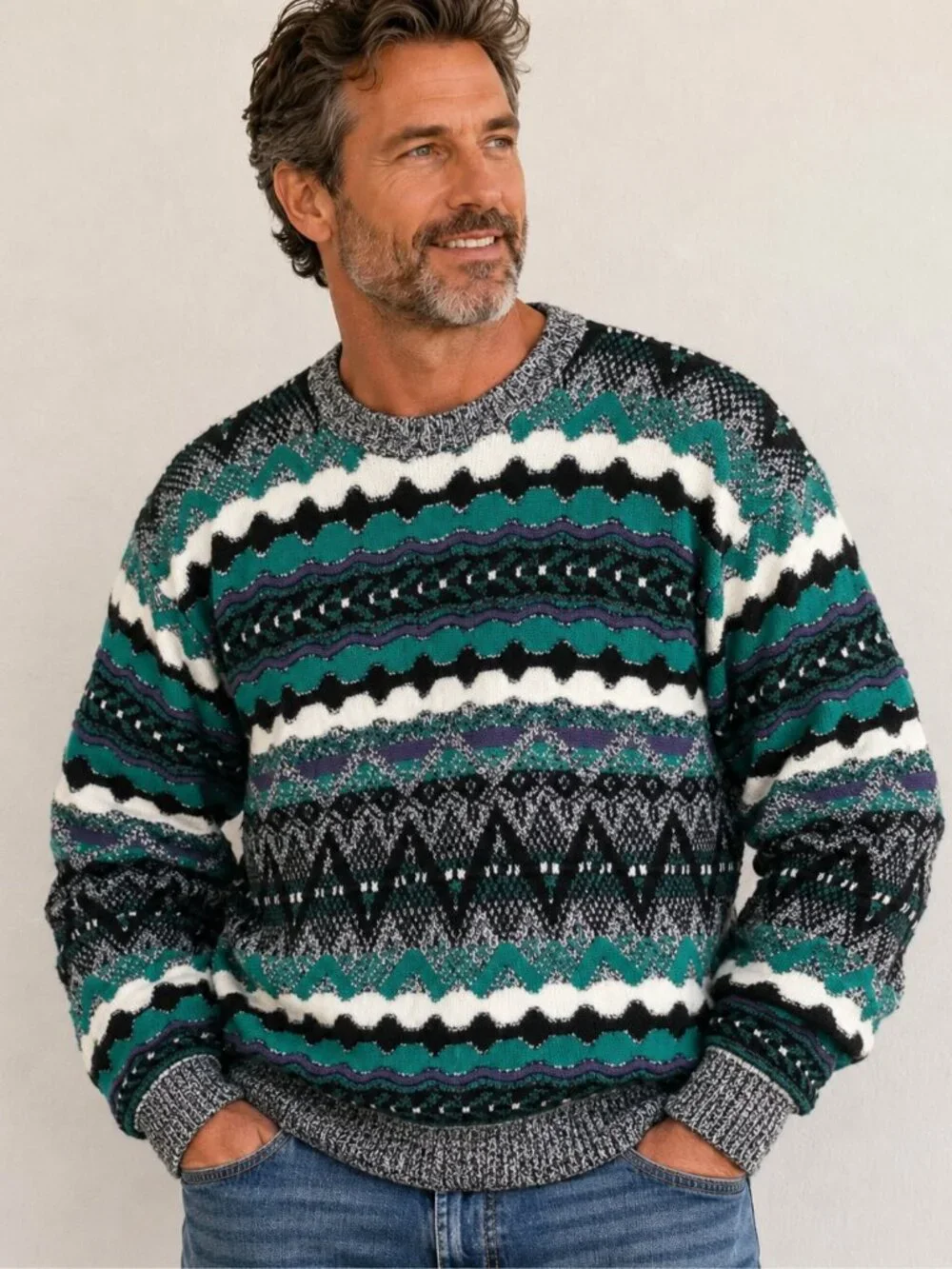 Concrete Vintage Crewneck Sweater 3D Knit Textured Striped Chunky Pullover Sz XL